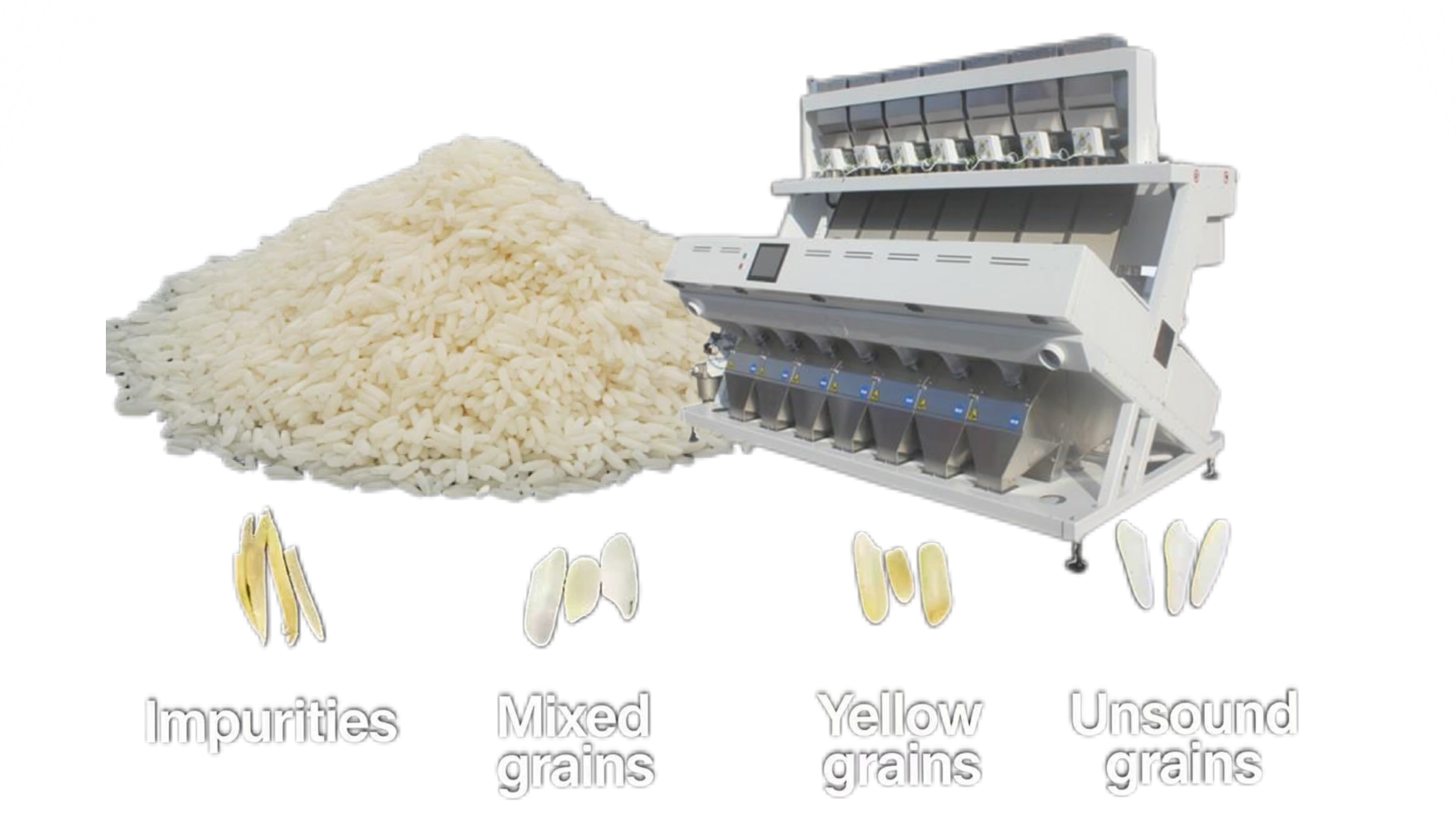 Rice Color Sorter Machine and Image of defective rice grains. Rice Color Sorter Machine and Image of defective rice grains.